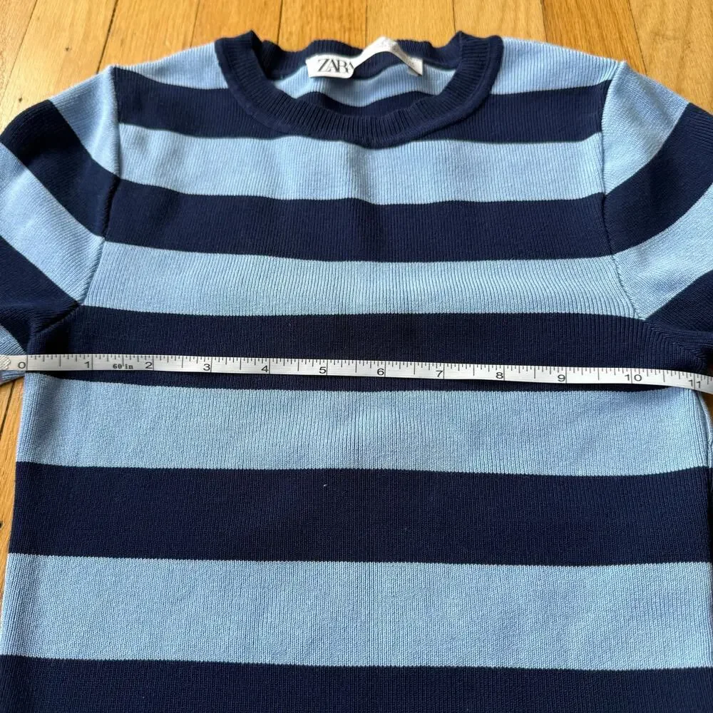 Zara Navy Blue Striped Ribbed Knit Long Sleeve Cropped Top Size S 90's Y2K
